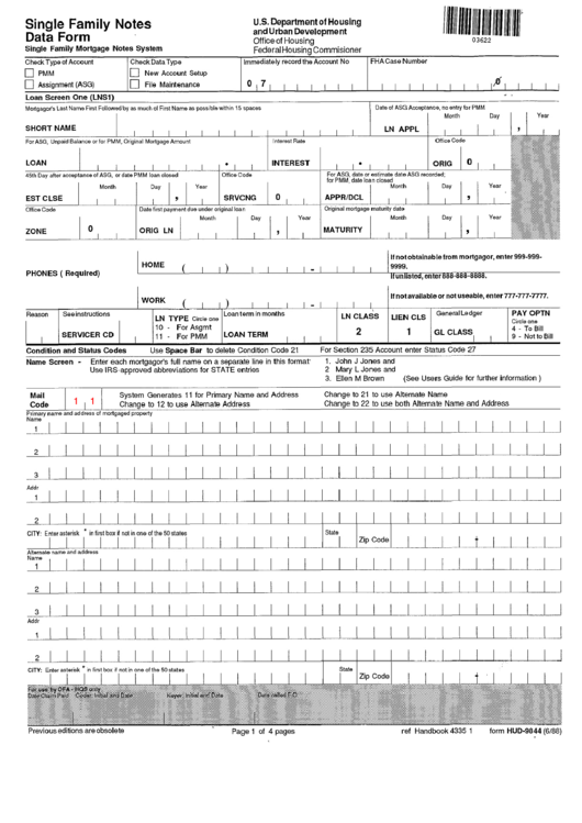Fillable Form Hud-9844 - Single Family Notes Data Form - U.s. Department Of Housing And Urban Development Printable pdf