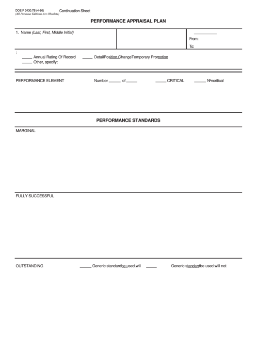 Form Doe F 3430.7b - Performance Appraisal Plan Continuation Sheet Printable pdf