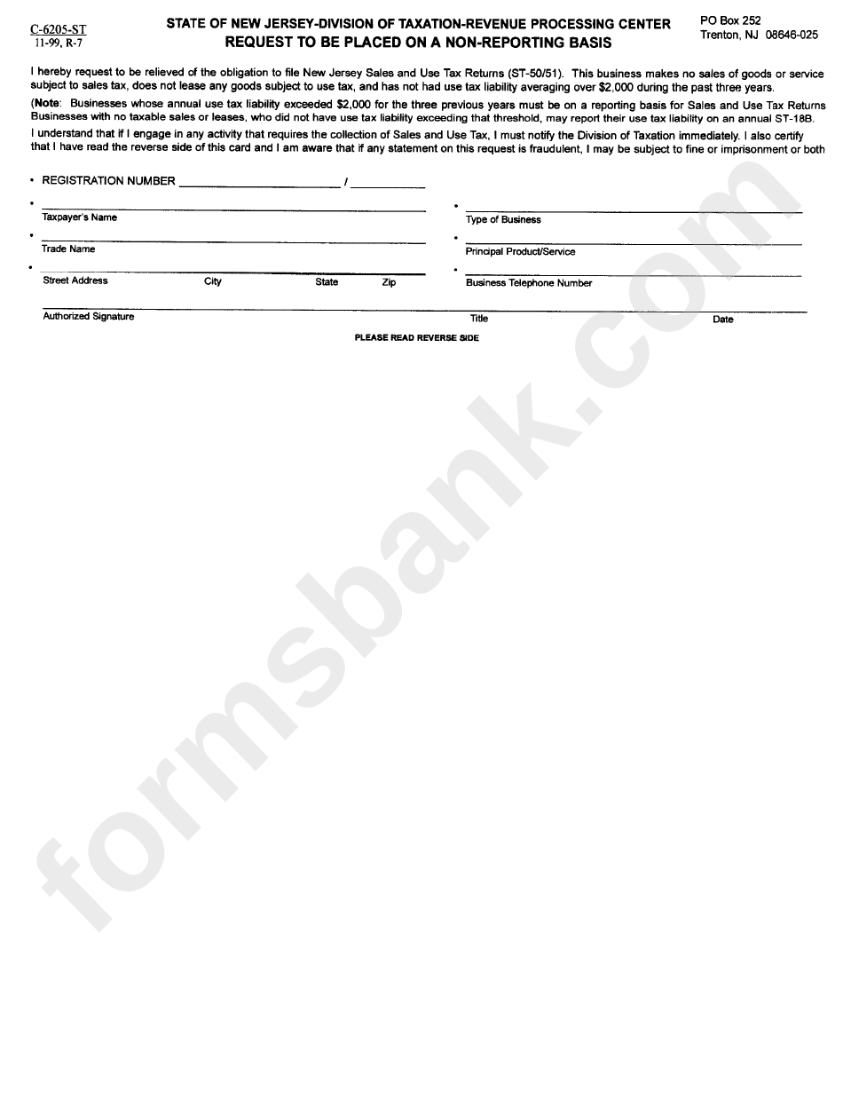 Form C-6205-St - Request To Be Placed On A Non-Reporting Basis - New Jersey Division Of Taxation