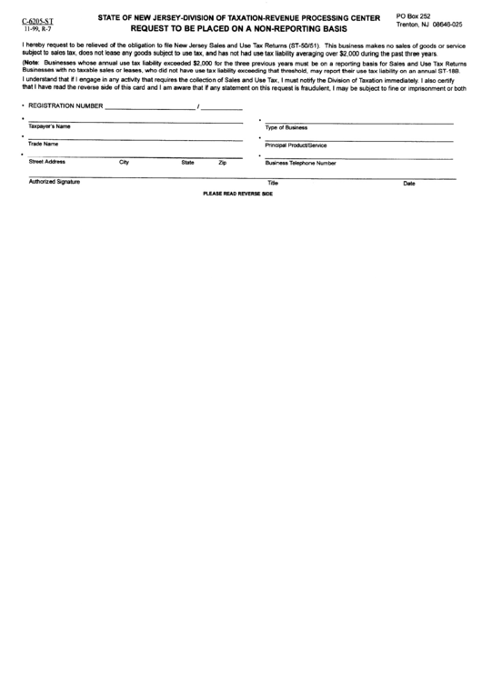 Form C-6205-St - Request To Be Placed On A Non-Reporting Basis - New Jersey Division Of Taxation Printable pdf