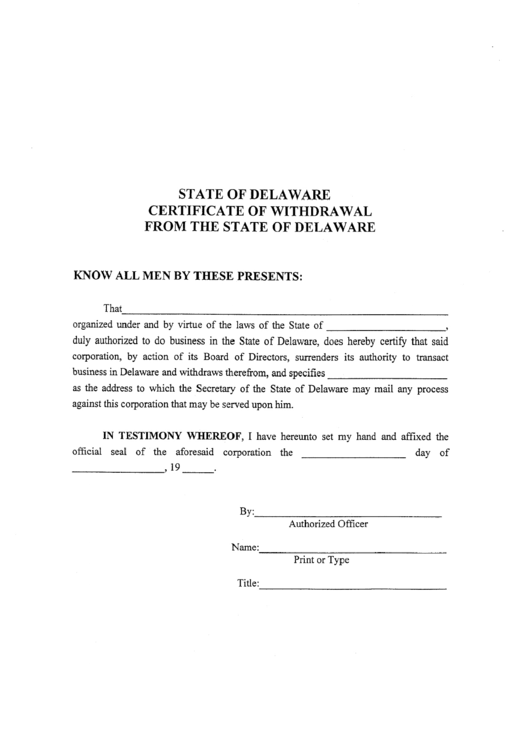 Certificate Of Withdrawal From The State Of Delaware Printable pdf