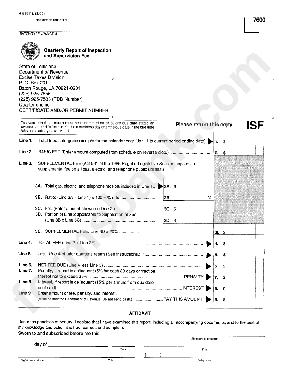 Form R-5197-L - Quarterly Report Of Inspection And Supervision Fee - Louisiana Department Of Revenue