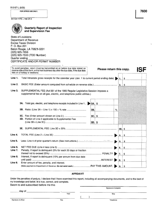 Form R-5197-L - Quarterly Report Of Inspection And Supervision Fee - Louisiana Department Of Revenue Printable pdf