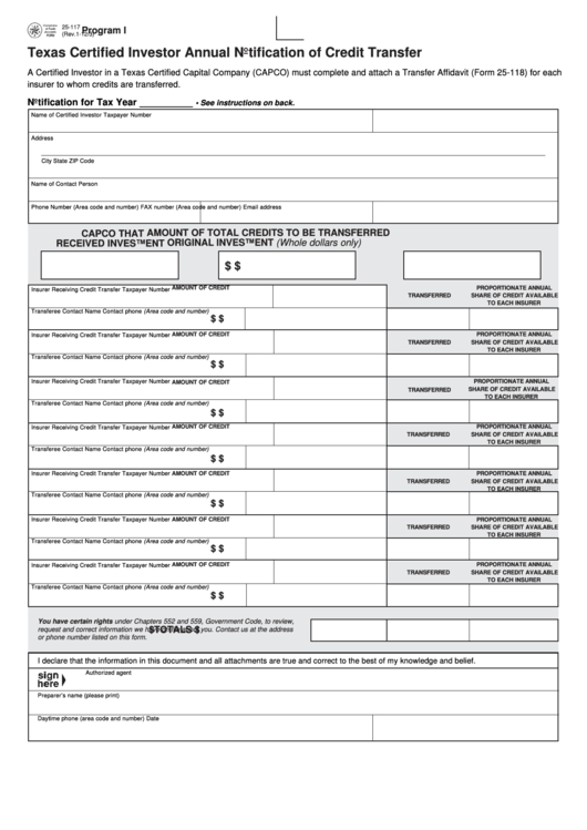 Fillable Form 25-117 - Texas Certified Investor Annual Notification Of Credit Transfer Printable pdf