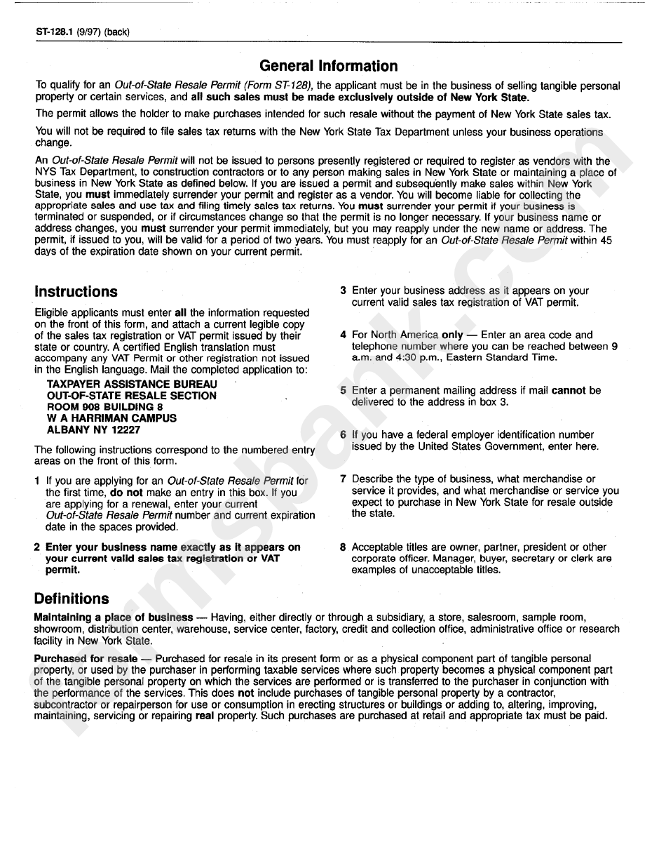 Form St-128.1 Instructions - Out-Of-State Resale Permit - New York State Department Of Revenue