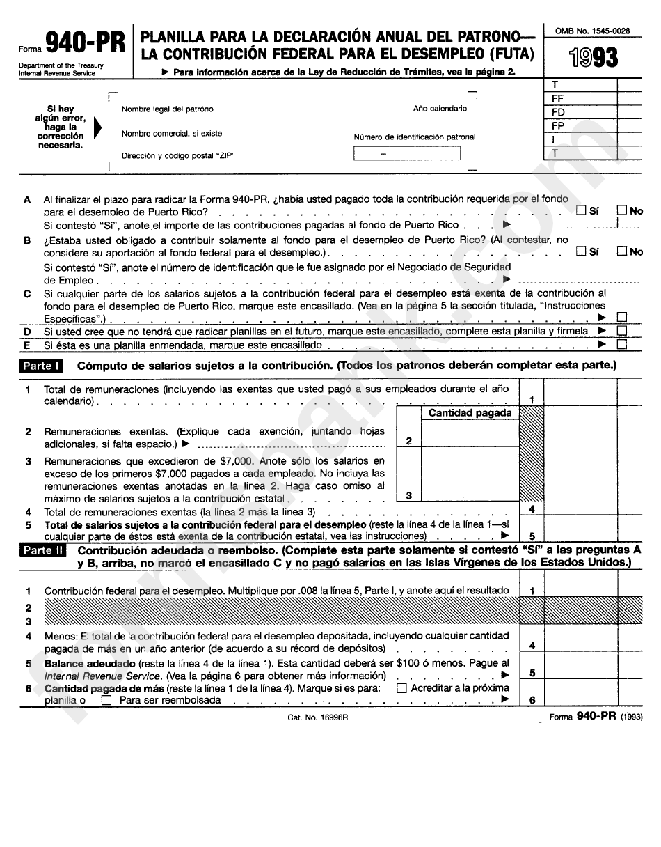 Form 940-Pr - Planilla Para La Declaracion Anual Del Patronola Contribucion Federal Para El Desempleo (Futa) - 1993