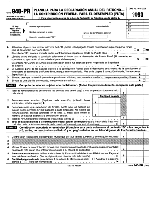 Form 940-Pr - Planilla Para La Declaracion Anual Del Patronola Contribucion Federal Para El Desempleo (Futa) - 1993 Printable pdf