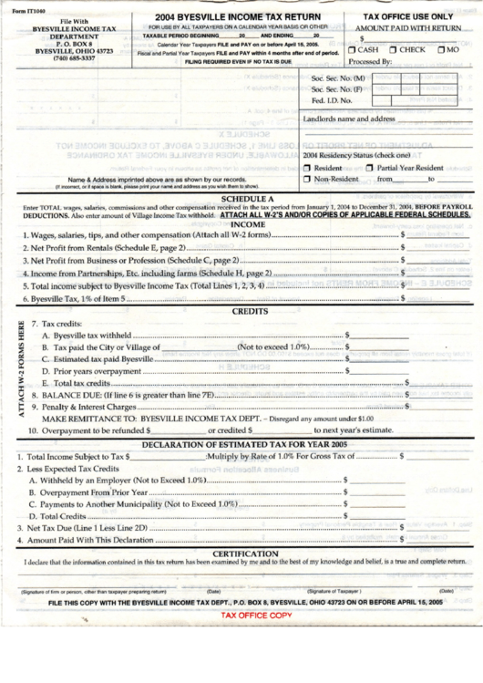 Form It1040 - Byesville Income Tax Return - 2004 Printable pdf