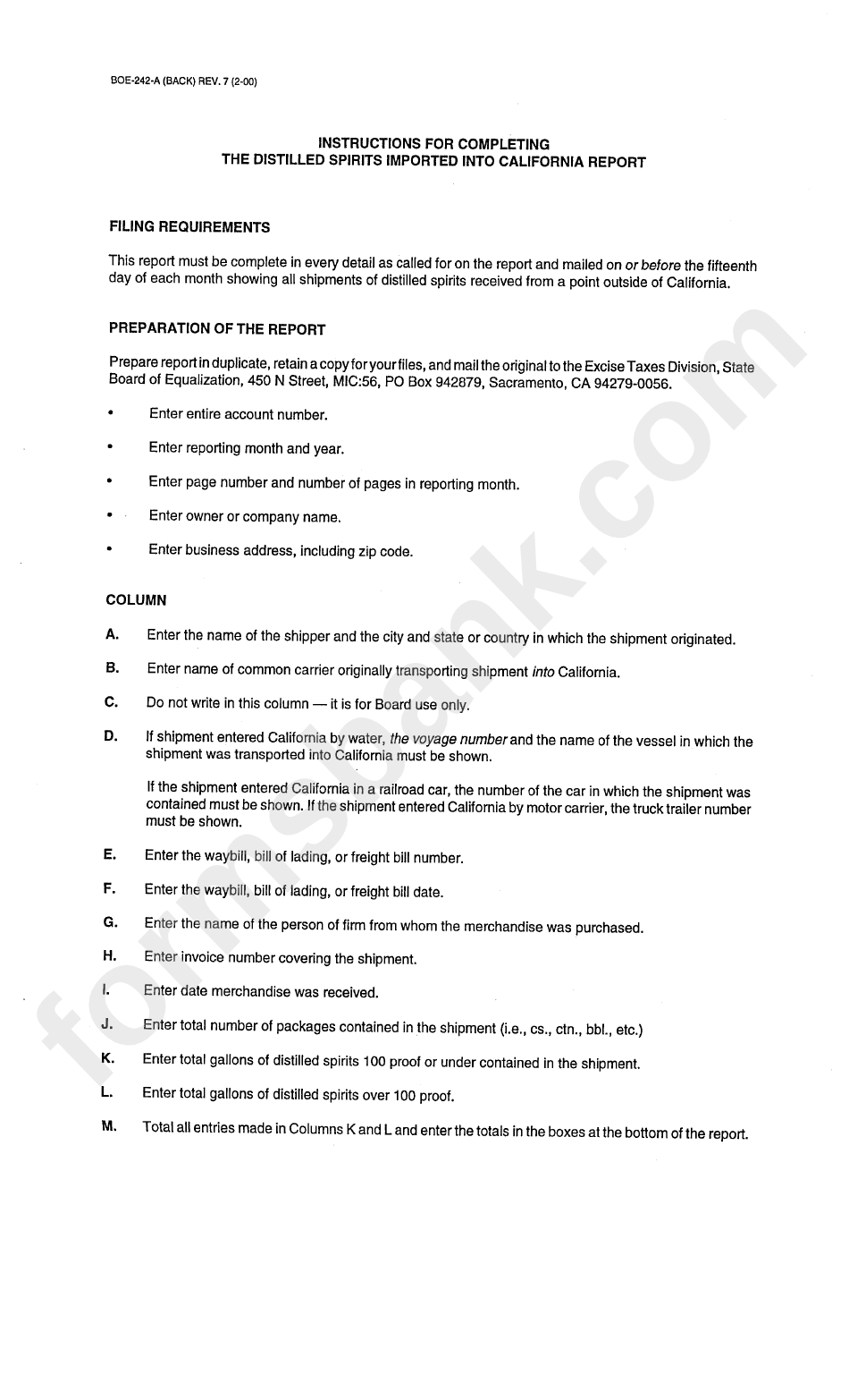 Form Boe-242-A Instructions - Completing The Distilled Spirits Imported Into California Report