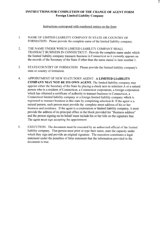 Instructions For Completion Of The Change Of Agent Form (Foreign Llc) - Printable pdf