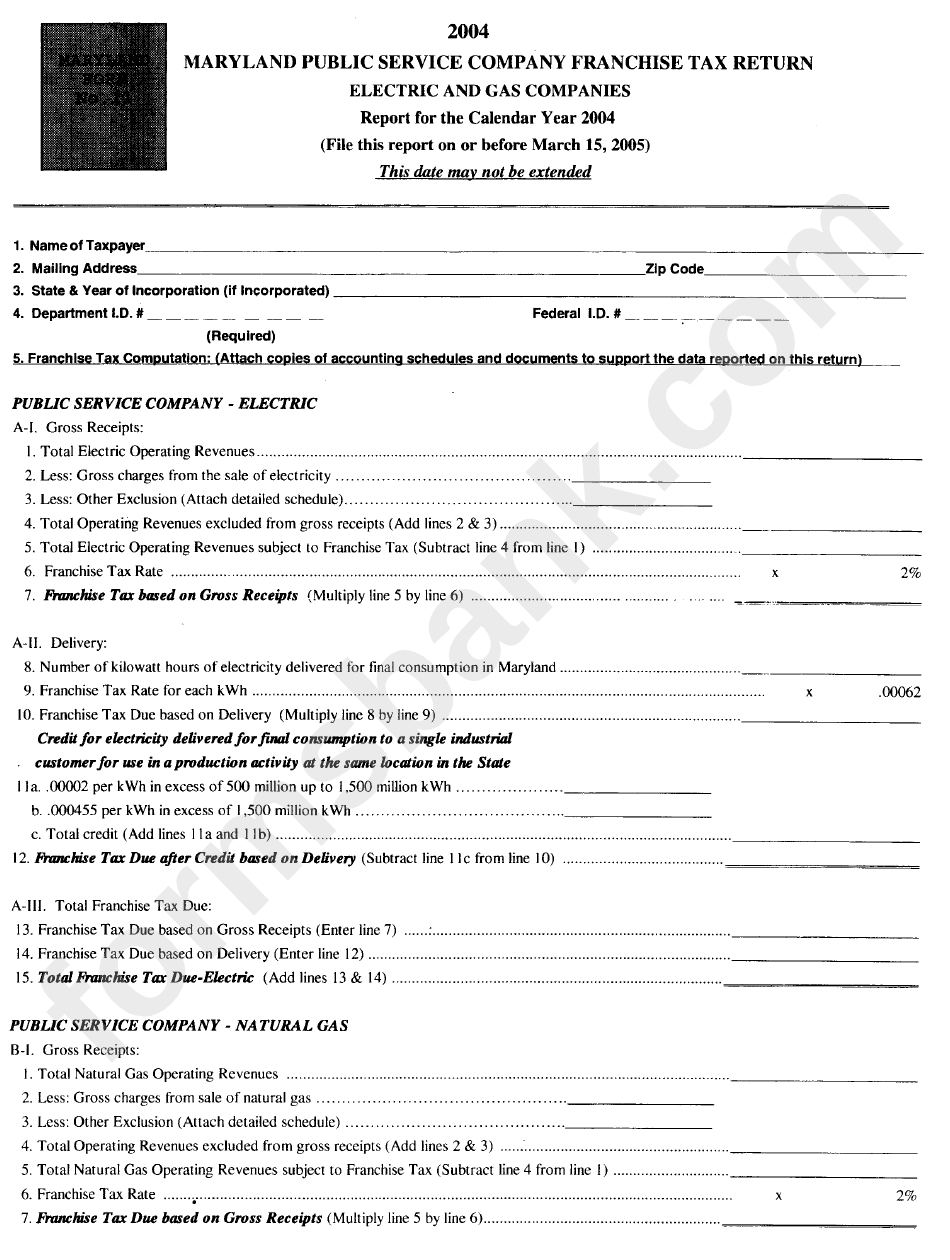 Form 11 - Maryland Public Service Company Franchise Tax Return (Electric And Gas Companies) - 2004