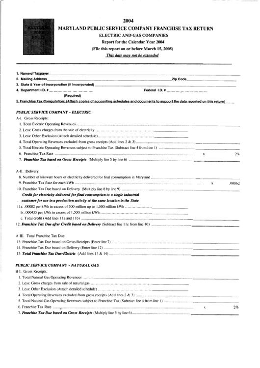 Form 11 - Maryland Public Service Company Franchise Tax Return (Electric And Gas Companies) - 2004 Printable pdf