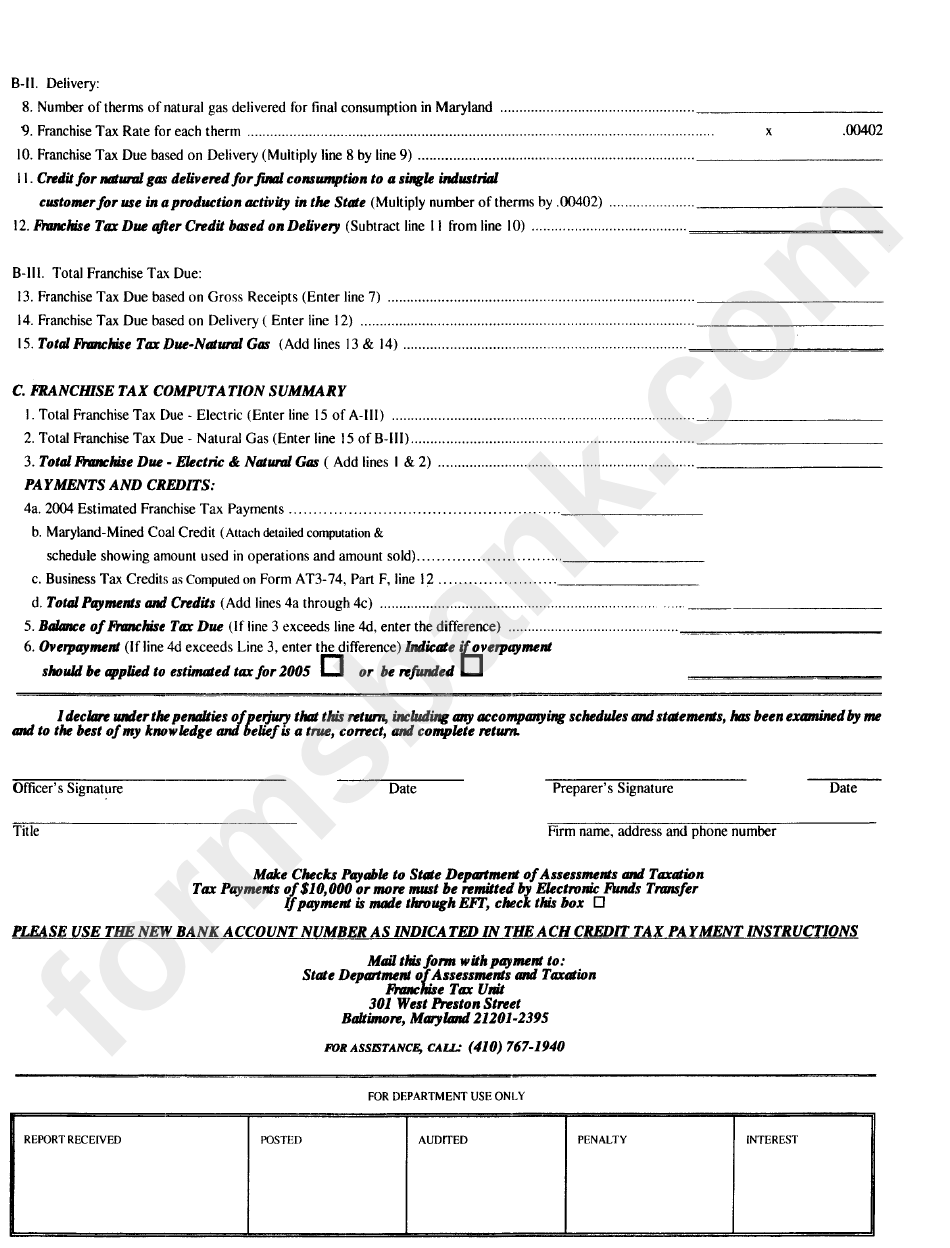 Form 11 - Maryland Public Service Company Franchise Tax Return (Electric And Gas Companies) - 2004