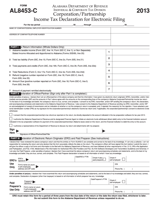 Form Al8453-c - Corporation/partnership Income Tax Declaration For Electronic Filing - 2013