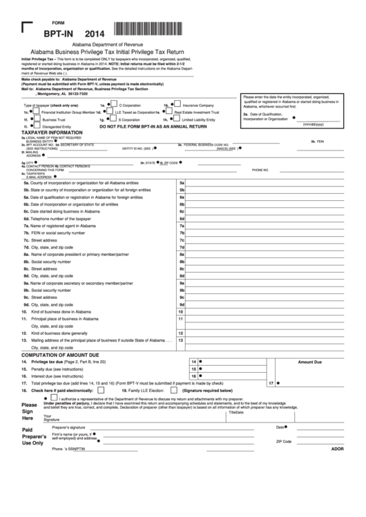 Form Bpt-In - Alabama Business Privilege Tax Initial Privilege Tax Return - 2014 Printable pdf