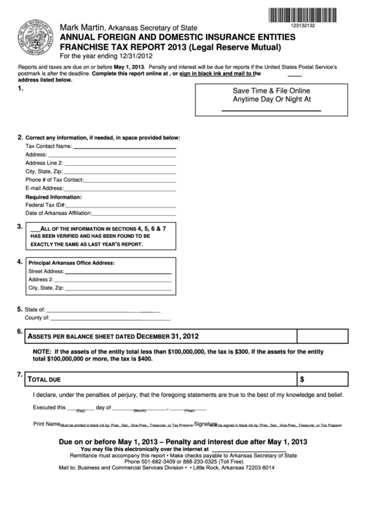 Annual Foreign And Domestic Insurance Entities Franchise Tax Report 2013 (Legal Reserve Mutual) Form Printable pdf
