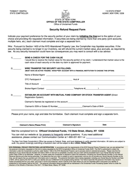 Security Refund Request Form - New York State Comptroller Printable pdf