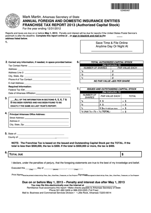 Annual Foreign And Domestic Insurance Entities Franchise Tax Report 2013 (Authorized Capital Stock) Form Printable pdf