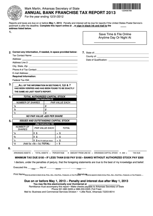 Annual Bank Franchise Tax Report 2013 Form Printable pdf