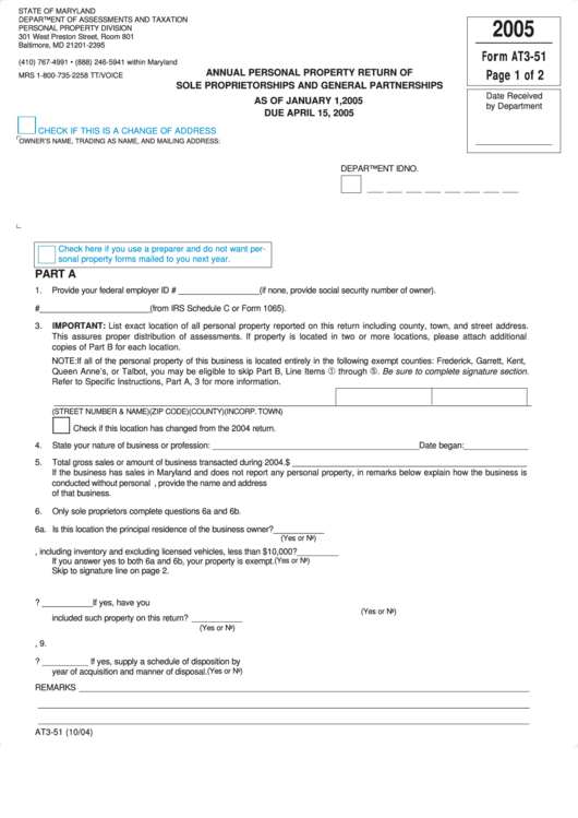 Fillable Form At3-51 - Annual Personal Property Return Of Sole Proprietorships And General Partnerships - 2005 Printable pdf