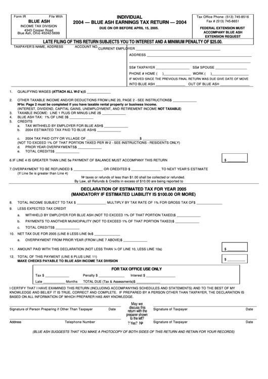Form Ir - Individual Blue Ash Earnings Tax Return - 2004 Printable pdf