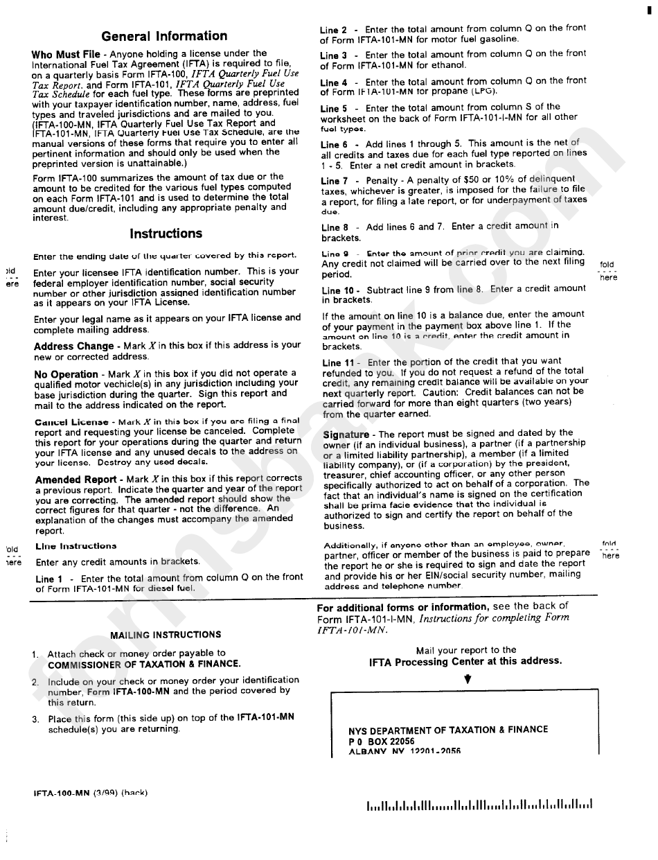Form Ifta-100-Mn - Instructions For Ifta Quarterly Fuel Use Tax - 1999
