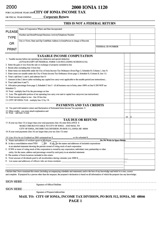 Form I-1120 - Income Tax Corporate Return - City Of Ionia - 2000 Printable pdf