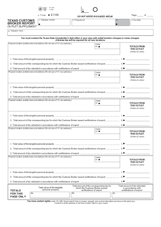 Fillable Form 01-153 - Texas Customs Broker Report (Outlet Supplement) Printable pdf
