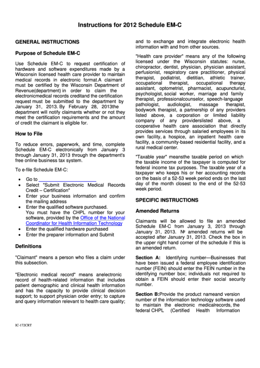 Instructions For Schedule Em-C - Wisconsin Department Of Revenue - 2012 Printable pdf