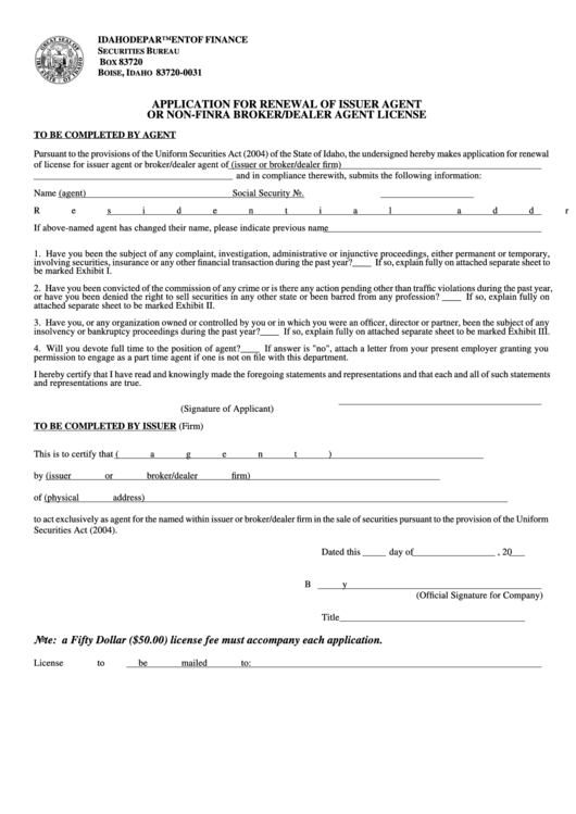 Application For Renewal Of Issuer Agent Or Non-Finra Broker/dealer Agent License - Idaho Department Of Finance Printable pdf