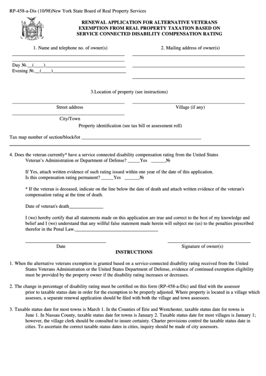 Form Rp-458-A-Dis - Renewal Application For Alternative Veterans Exemption From Real Property Taxation Based On Service Connected Disability Compensation Rating Printable pdf