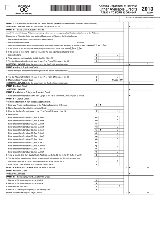 Fillable Schedule Oc - Attach To Form 40 Or 40nr - Other Available Credits - Alabama Department Of Revenue - 2013 Printable pdf