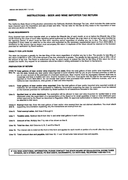 Form Boe-501-Bw Instructions - Beer And Wine Importer Tax Return - California Board Of Equalization Printable pdf