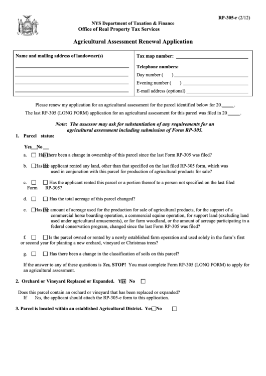 Fillable Form Rp-305-R - Agricultural Assessment Renewal Application Printable pdf