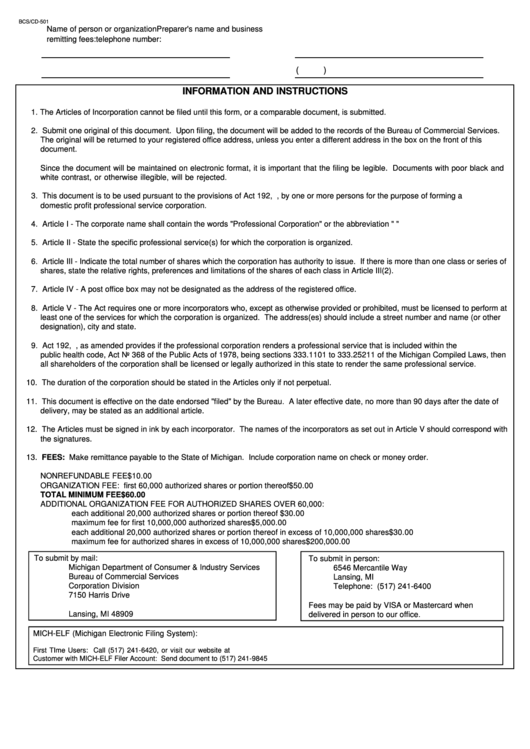 Fillable Form Bcs/cd-501 - Articles Of Incorporation For Professional Service Corporations - Michigan Department Of Consumer And Industry Services Printable pdf
