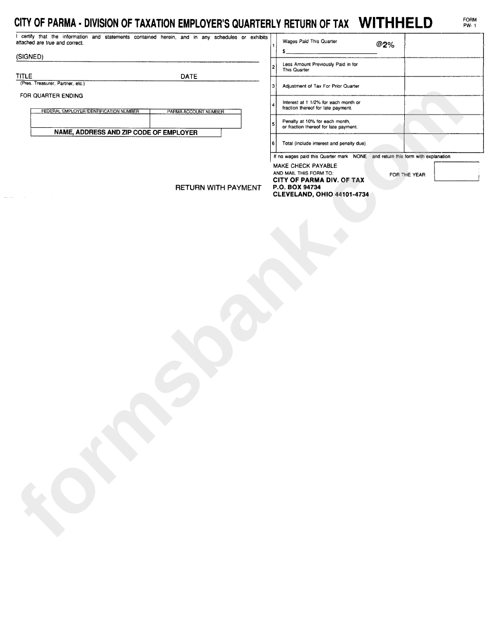 Form Pw-1 - City Of Parma - Division Of Taxation Employer