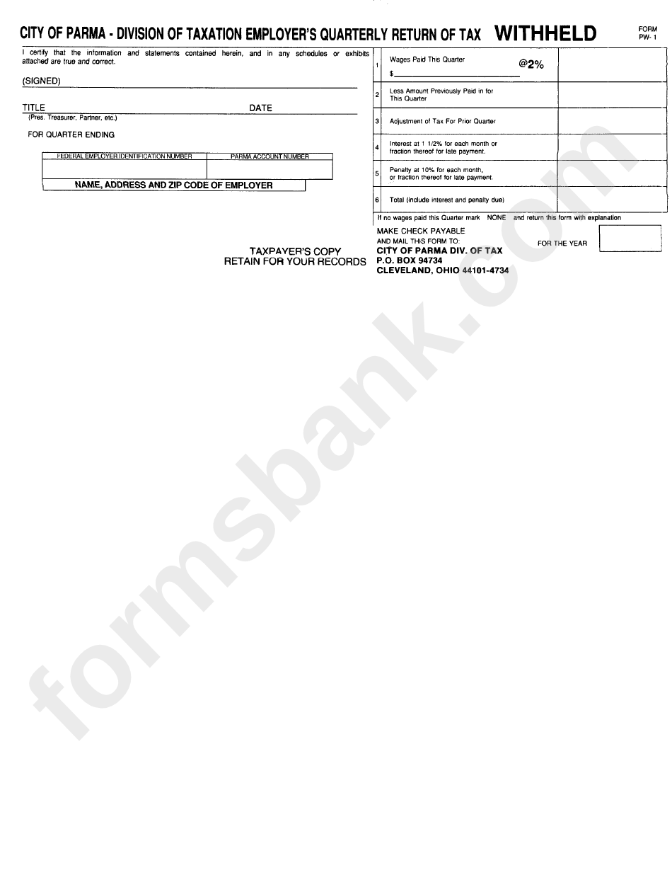 Form Pw-1 - City Of Parma - Division Of Taxation Employer