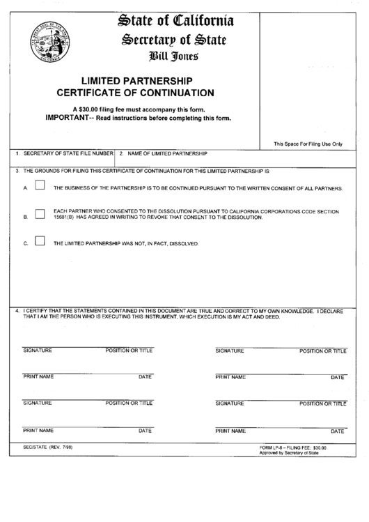Limited Partnership Certificate Of Continuation - California Secretary Of State Printable pdf