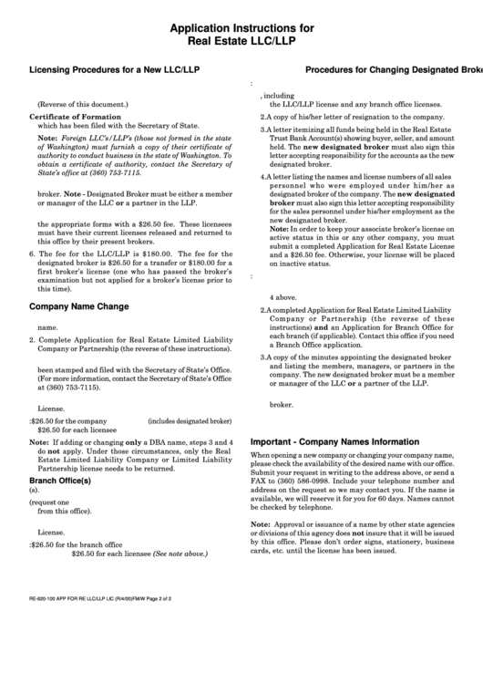 Application Instructions For Real Estate Llc/llp - Washington Secretary Of State Printable pdf