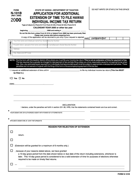 Form N-101b - Application For Additional Extension Of Time To File Hawaii Individual Income Tax Return - 2000 Printable pdf