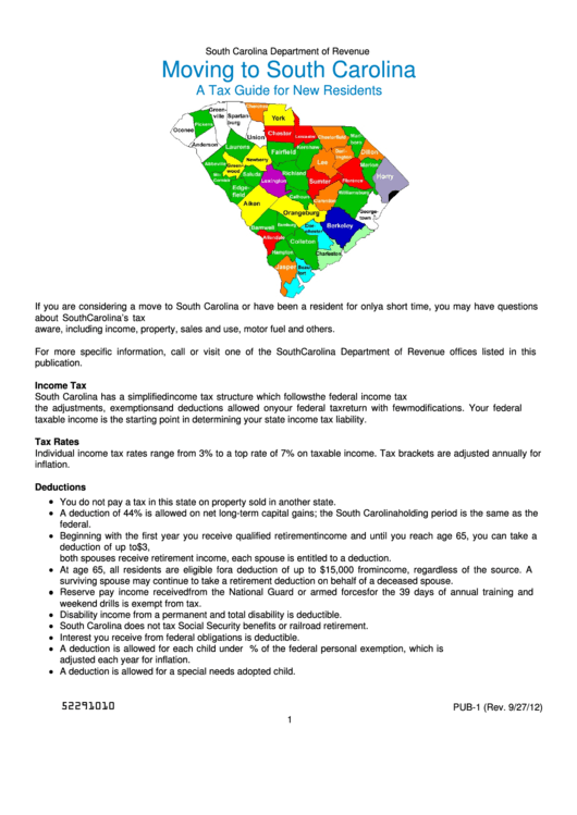 Form Pub-1 - Moving To South Carolina - A Tax Guide For New Residents Printable pdf