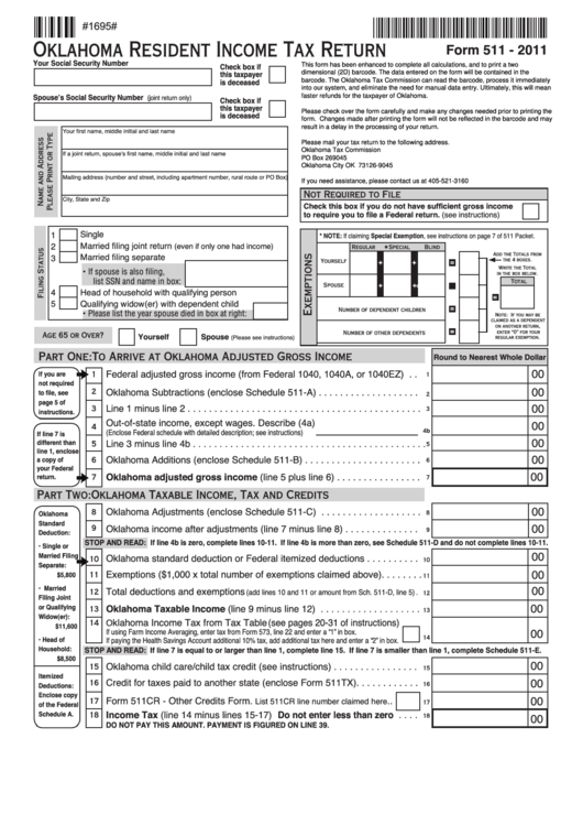 Fillable Form 511 - Oklahoma Resident Income Tax Return - 2011 Printable pdf