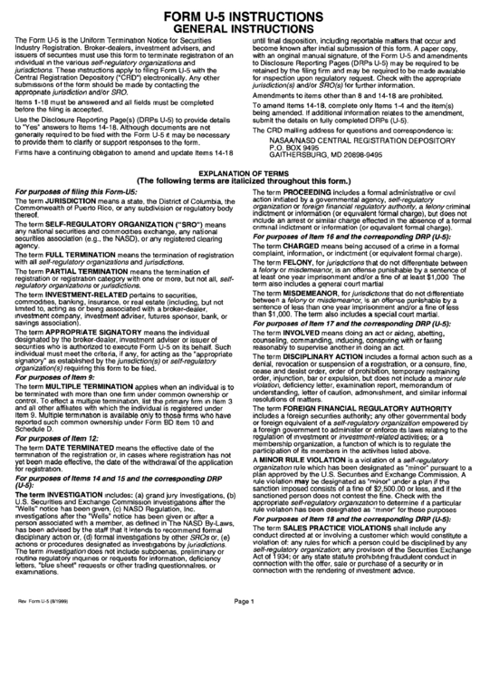 Form U-5 Instructions - Uniform Termination Notice For Securities Industry Registration Printable pdf