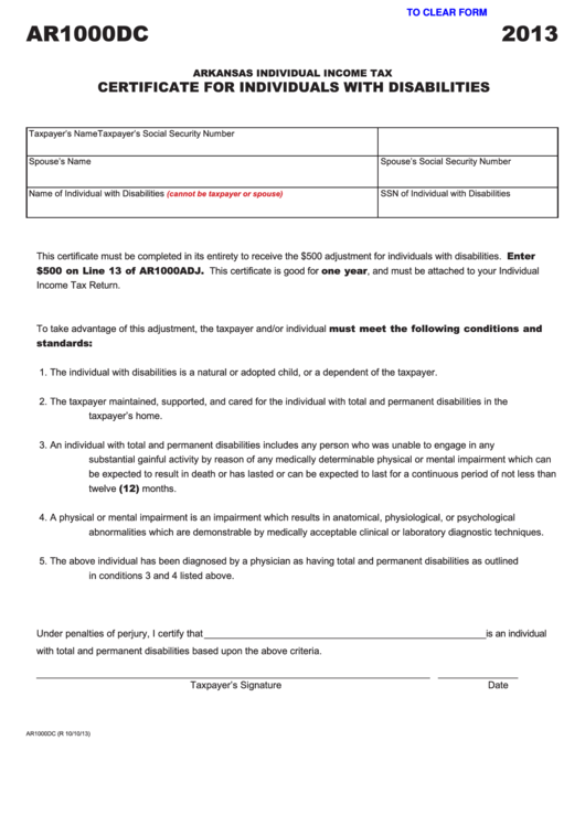 Fillable Form Ar1000dc - Arkansas Individual Income Tax Certificate For Individuals With Disabilities - 2013 Printable pdf