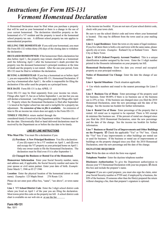 Instructions For Form Hs-131 - Vermont Homestead Declaration Printable pdf