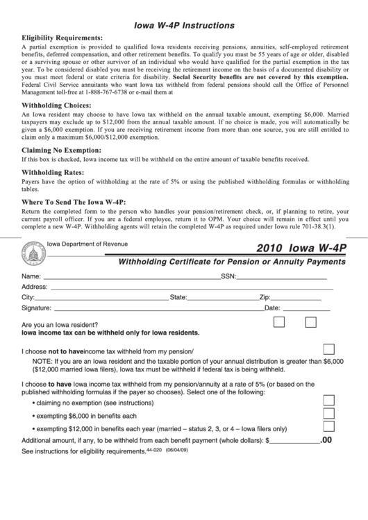 Form Iowa W-4p - Withholding Certificate For Pension Or Annuity Payments - 2010 Printable pdf