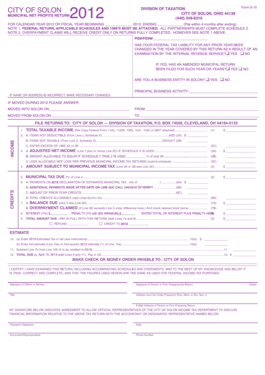 Form S-10 - Minucipal Profits Return - City Of Solon - 2012 Printable pdf