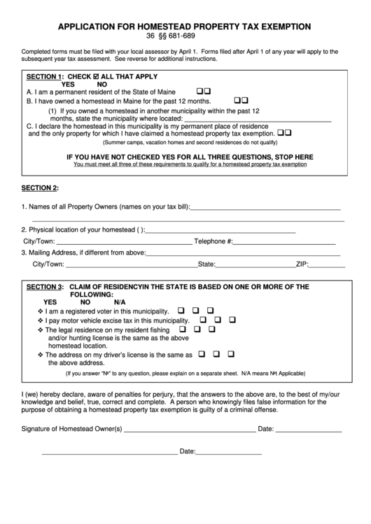 Application For Homestead Property Tax Exemption Form Printable pdf