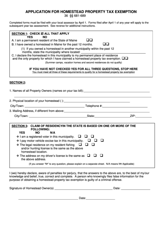 Application For Homestead Property Tax Exemption Form printable pdf