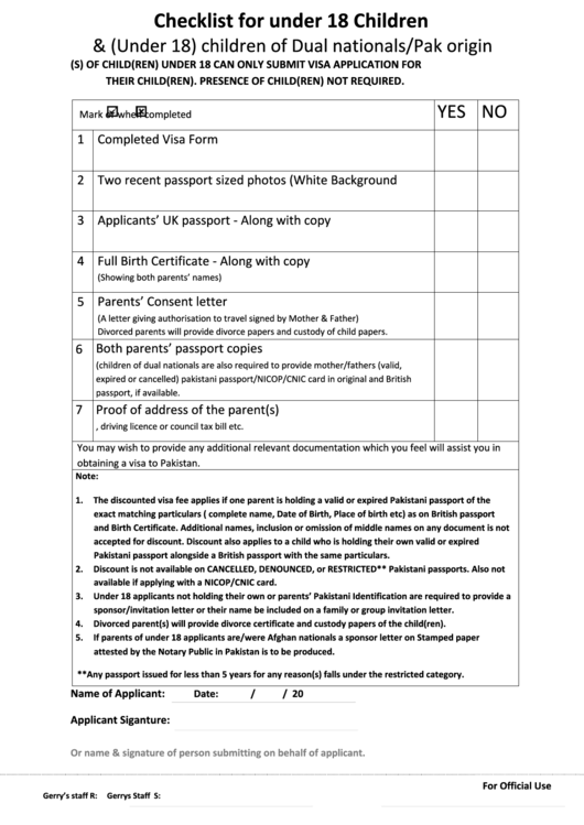 Fillable Checklist For Under 18 Children Printable pdf